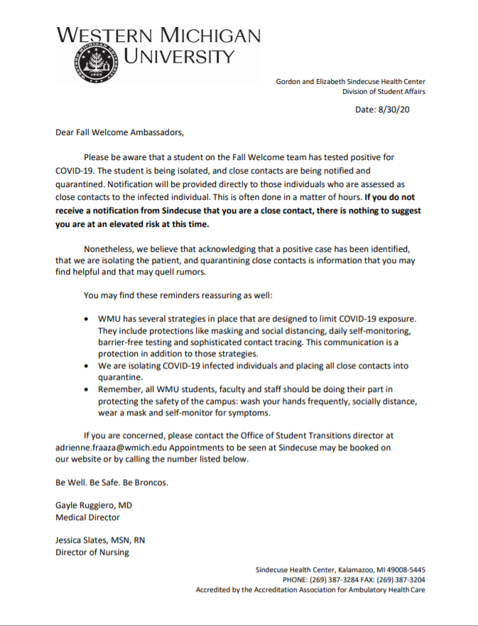 Fall Welcome team member tests positive for COVID-19